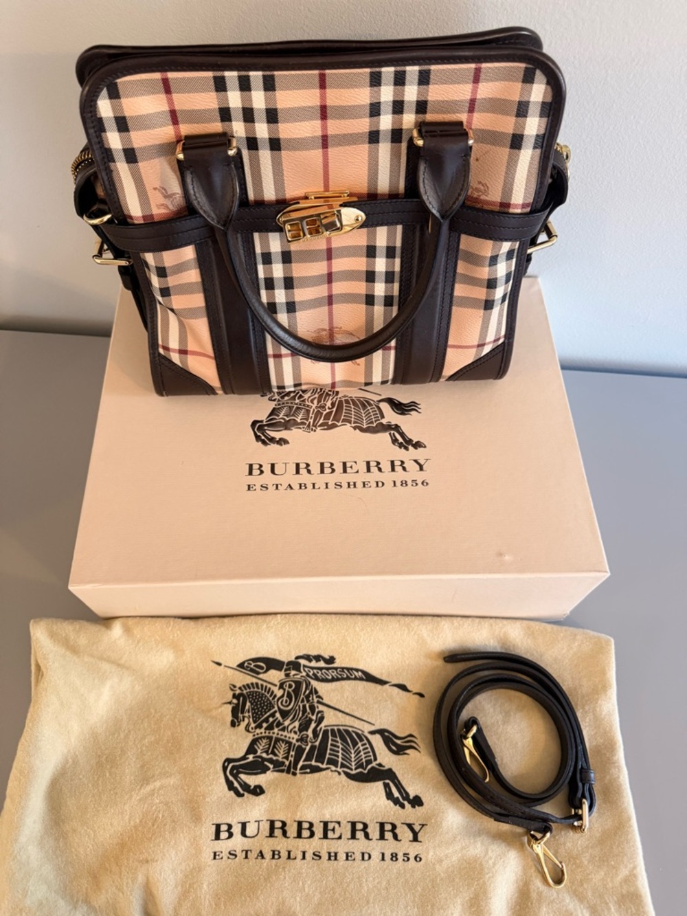 Burberry Beige Nova Check Satchel with Dark Brown Trim and Gold Hardware